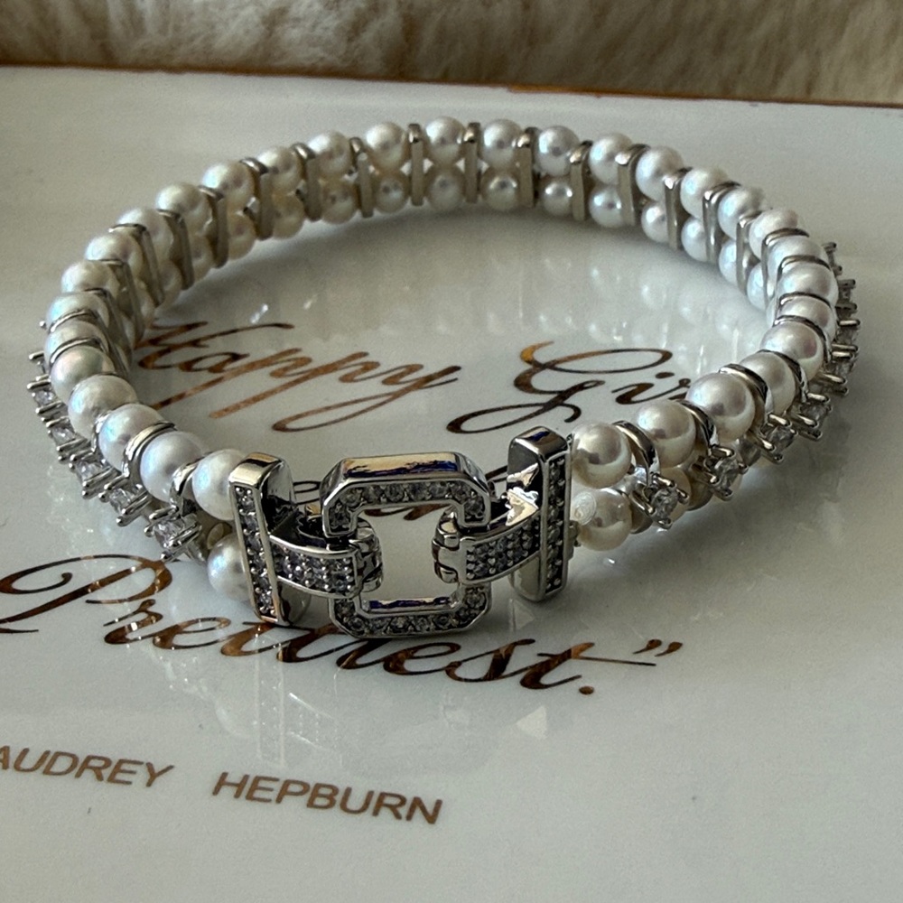 Baby Pearl CZ Bracelet | Silver Tone | Double Clasp | 7” - Picture 3 of 8